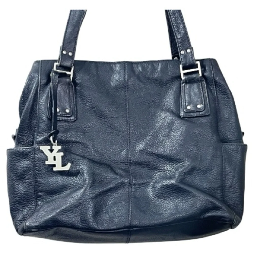 YL New York London Black Leather Tote Bag Large Shoulder Handbag Silver Charm